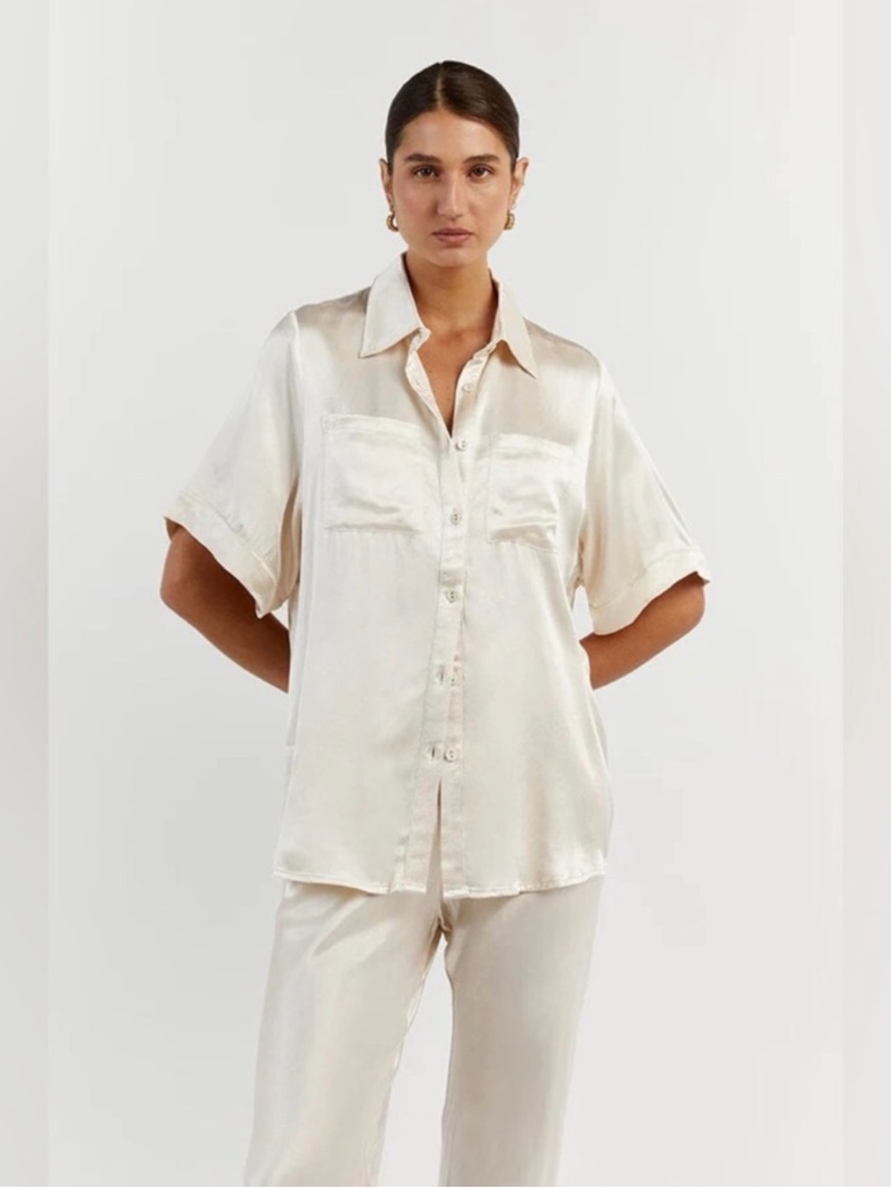 Dissh satin pearl vacation button down